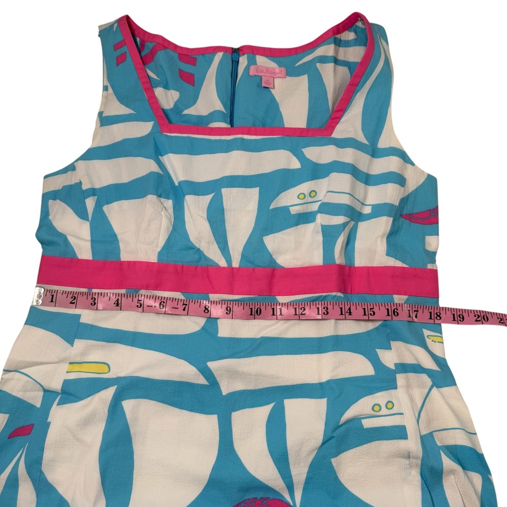Lilly Pulitzer Sailboat Shift Dress Blue White Pink Square Neck Cotton Size 14 - Picture 4 of 12